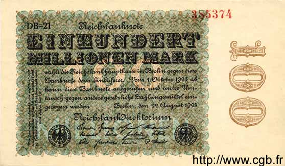 100 Millionen Mark GERMANY  1923 P.107e AU+