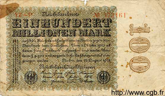 100 Millionen Mark GERMANY  1923 P.107e P