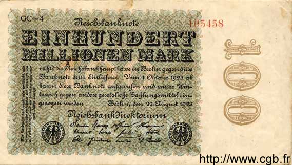 100 Millionen Mark GERMANY  1923 P.107e VF