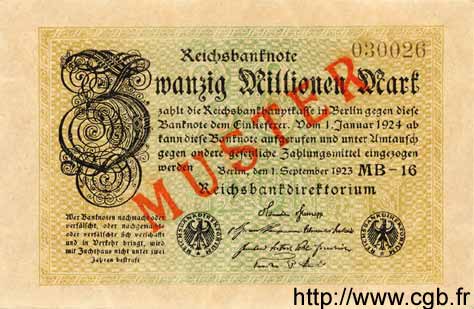 20 Millionen Mark Spécimen GERMANY  1923 P.108es UNC