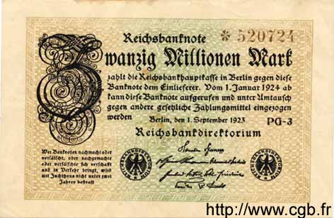 20 Millionen Mark GERMANIA  1923 P.108e SPL