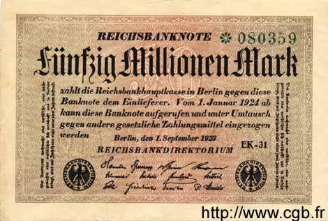 50 Millionen Mark DEUTSCHLAND  1923 P.109b VZ