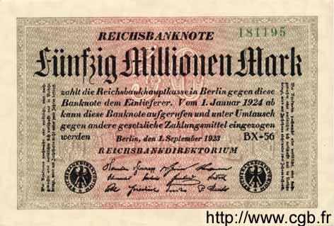 50 Millionen Mark GERMANY  1923 P.109c AU+