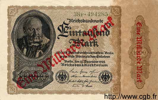 1 Milliarde Mark sur 1000 Mark GERMANY  1922 P.113a UNC-