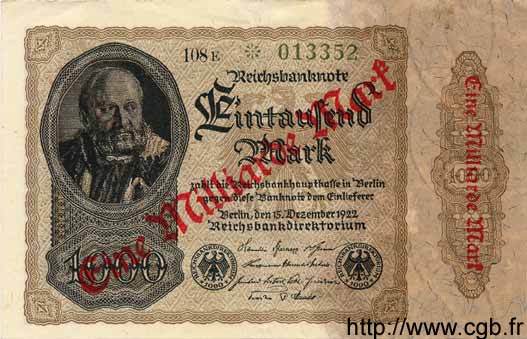 1 Milliarde Mark sur 1000 Mark GERMANY  1922 P.113a XF