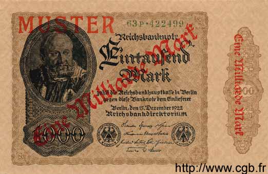 1 Milliarde Mark sur 1000 Mark Spécimen GERMANIA  1922 P.113bs FDC