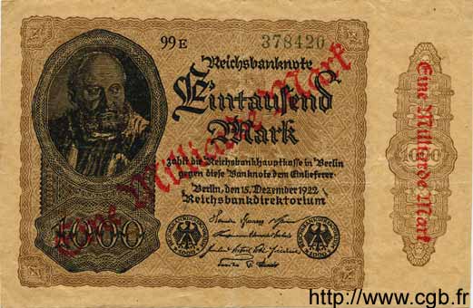 1 Milliarde Mark sur 1000 Mark GERMANY  1922 P.113b VF