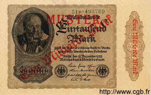 1 Milliarde Mark sur 1000 Mark Spécimen GERMANIA  1922 P.113bs AU