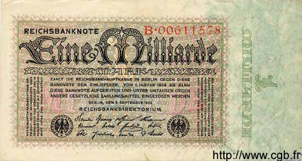 1 Milliarde Mark GERMANIA  1923 P.114 q.BB