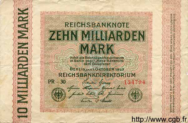10 Milliarden Mark GERMANY  1923 P.117b F
