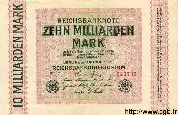 10 Milliarden Mark GERMANY  1923 P.117c XF