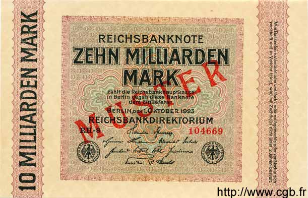 10 Milliarden Mark Spécimen GERMANIA  1923 P.117es FDC