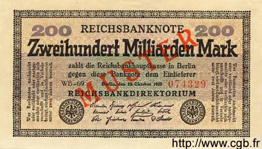 200 Milliarden Mark Spécimen GERMANY  1923 P.121as AU