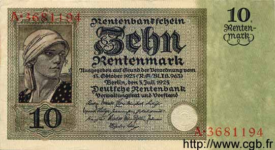 10 Rentenmark GERMANY  1925 P.170 VF+