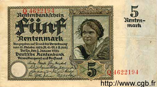 5 Rentenmark DEUTSCHLAND  1926 P.169 fVZ