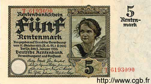 5 Rentenmark GERMANY  1926 P.169 AU