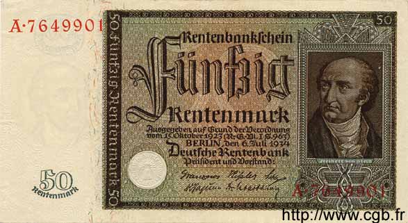 50 Rentenmark GERMANY  1934 P.172 AU+
