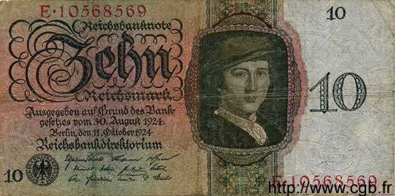 10 Reichsmark GERMANY  1924 P.175 VG