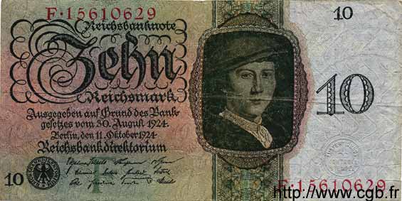10 Reichsmark GERMANY  1924 P.175 F+