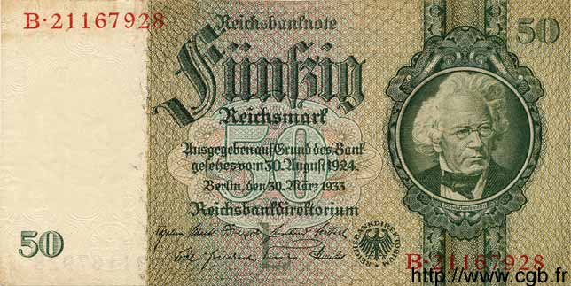 50 Reichsmark GERMANY  1933 P.182a XF+