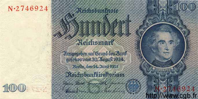 100 Reichsmark GERMANY  1935 P.183a AU+