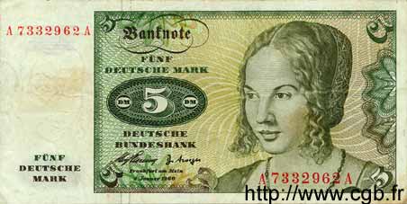 5 Deutsche Mark GERMAN FEDERAL REPUBLIC  1960 P.18 BC+