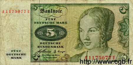 5 Deutsche Mark GERMAN FEDERAL REPUBLIC  1960 P.18 G