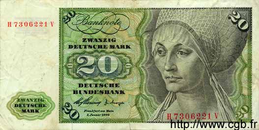 20 Deutsche Mark GERMAN FEDERAL REPUBLIC  1960 P.20 VG