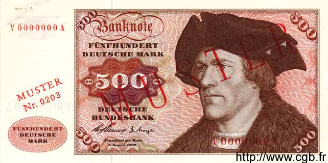 500 Deutsche Mark Spécimen GERMAN FEDERAL REPUBLIC  1960 P.23s fST