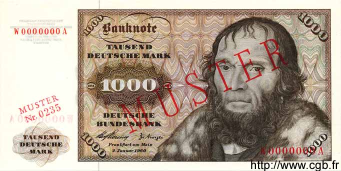 1000 Deutsche Mark Spécimen GERMAN FEDERAL REPUBLIC  1960 P.24s ST