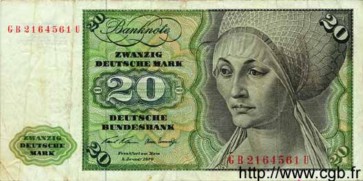 20 Deutsche Mark GERMAN FEDERAL REPUBLIC  1960 P.32a F
