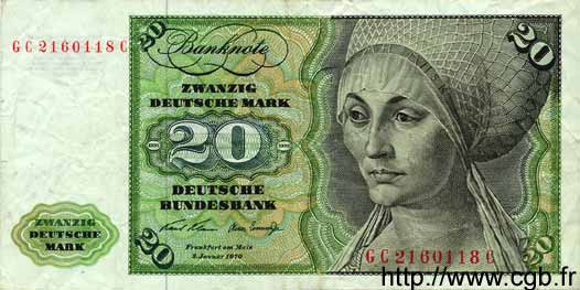 20 Deutsche Mark GERMAN FEDERAL REPUBLIC  1960 P.32a q.BB