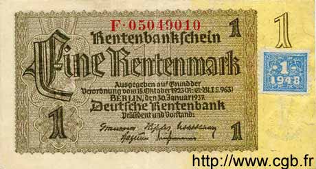 1 Deutsche Mark sur 1 Rentenmark GERMAN DEMOCRATIC REPUBLIC  1948 P.01 XF+