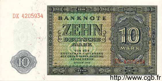 10 Deutsche Mark GERMAN DEMOCRATIC REPUBLIC  1948 P.12b UNC