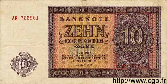 10 Deutsche Mark GERMAN DEMOCRATIC REPUBLIC  1955 P.18a F+