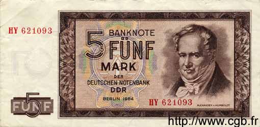 5 Mark GERMAN DEMOCRATIC REPUBLIC  1964 P.22a VF+