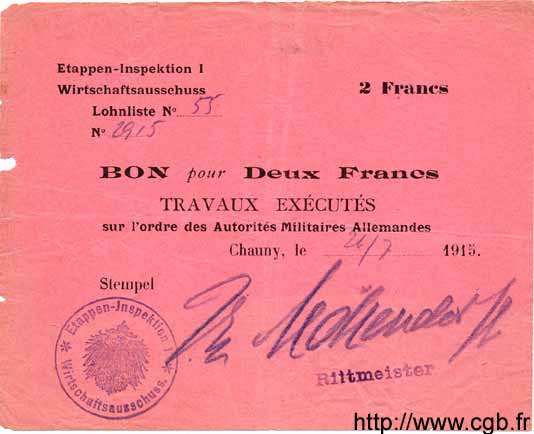 2 Francs GERMANY Chauny 1915 P.M03 F+