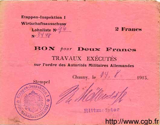 2 Francs GERMANY Chauny 1915 P.M03 VF