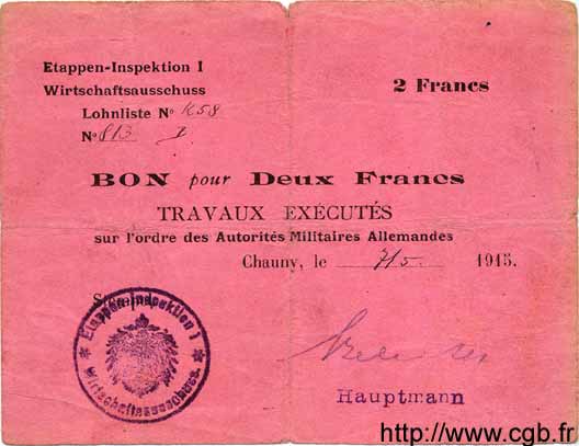 2 Francs GERMANY Chauny 1915 P.M03 F-