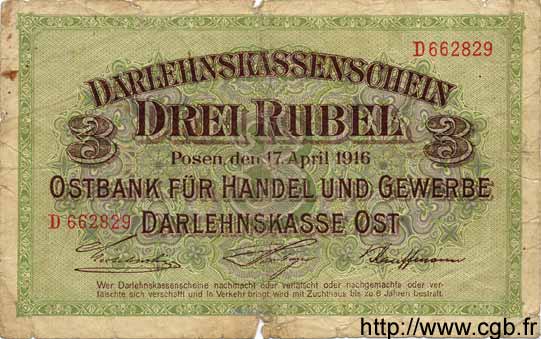 3 Rubel GERMANIA Posen 1916 P.R123b B