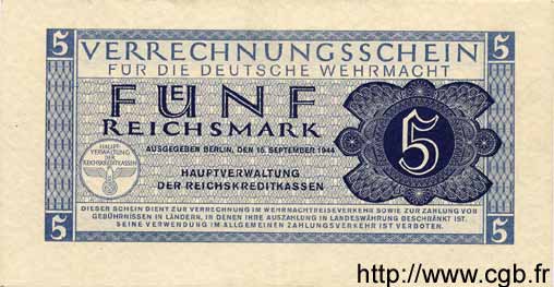 5 Reichsmark GERMANY  1944 P.M39 VF+