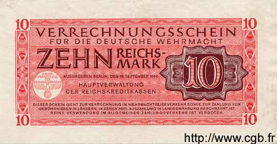 10 Reichsmark GERMANY  1944 P.M40 XF