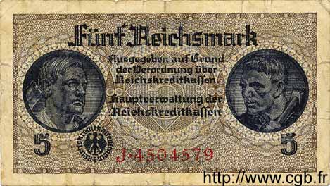 5 Reichsmark GERMANY  1940 P.R138a VG
