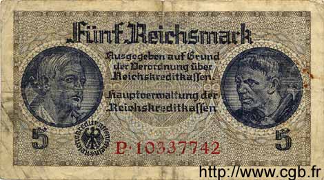 5 Reichsmark GERMANY  1940 P.R138b VG