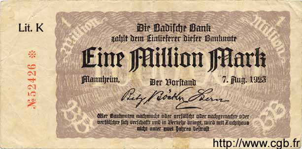1 Million Mark GERMANY Mannheim 1923 PS.0912 VF