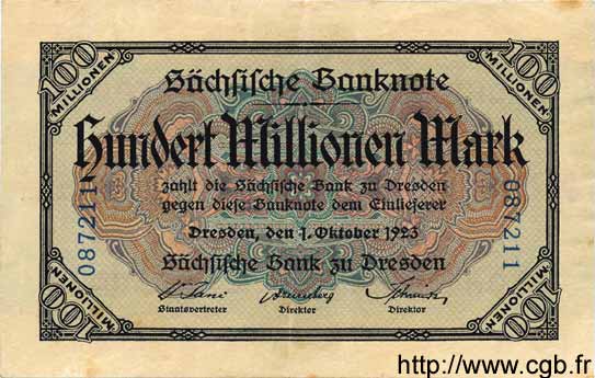 100 Millionen Mark GERMANY Dresden 1923 PS.0965 VF - XF
