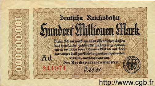 100 Millionen Mark GERMANY  1923 PS.1017a VF+
