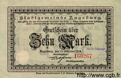 10 Mark GERMANY Augsburg 1918 K.23f UNC