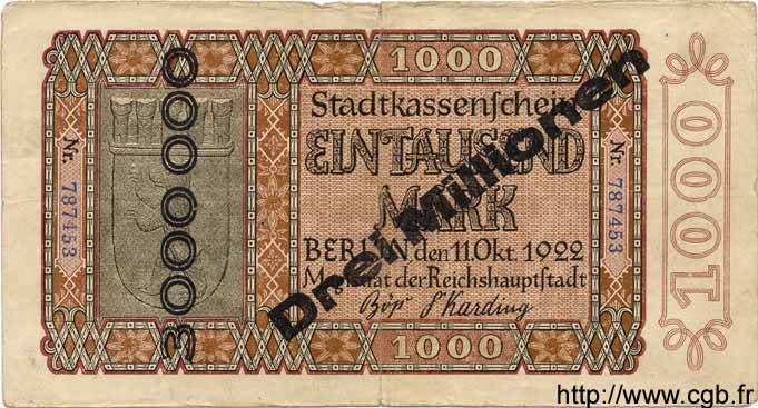 3 Millionen Mark sur 1000 Mark ALEMANIA Berlin 1923 K.339d BC