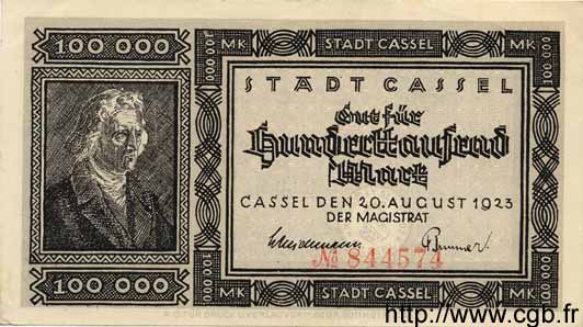 100000 Mark GERMANY Cassel 1923 K.718b XF